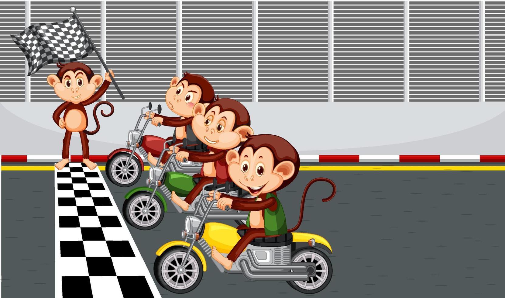 Escena de pista de carreras con monos montando motocicletas. vector