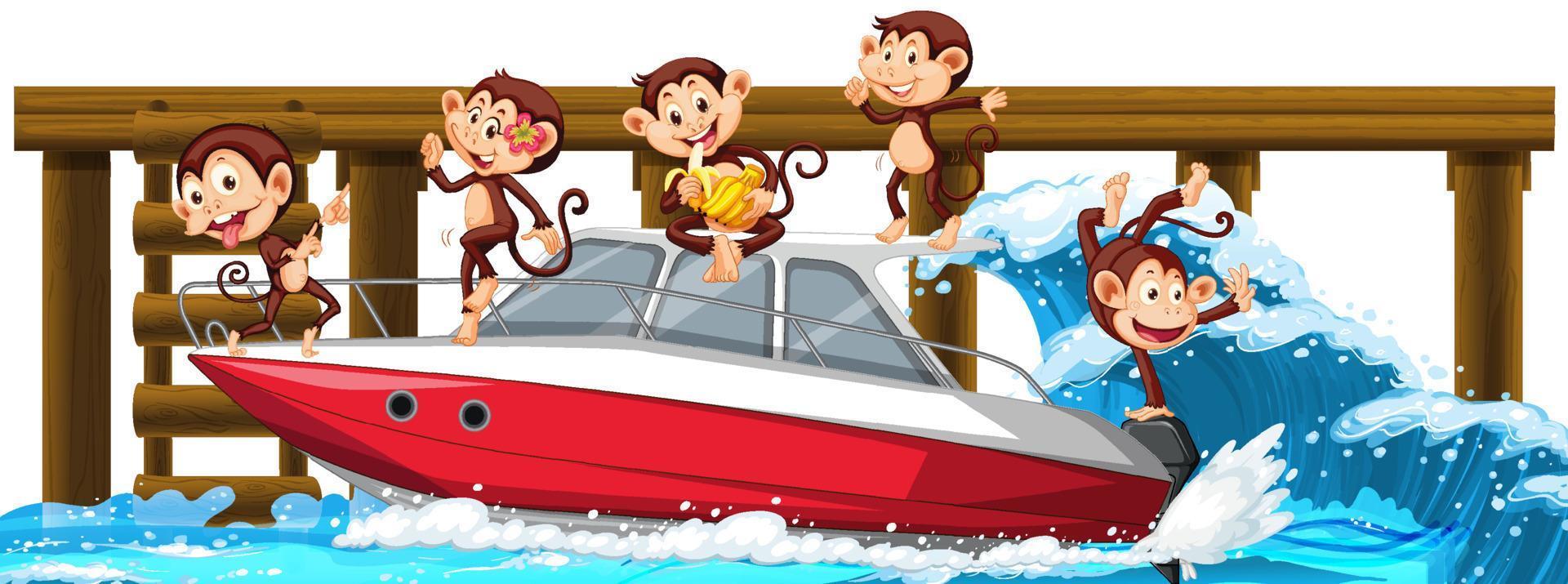 Wooden pier with many monkeys on speedboats vector