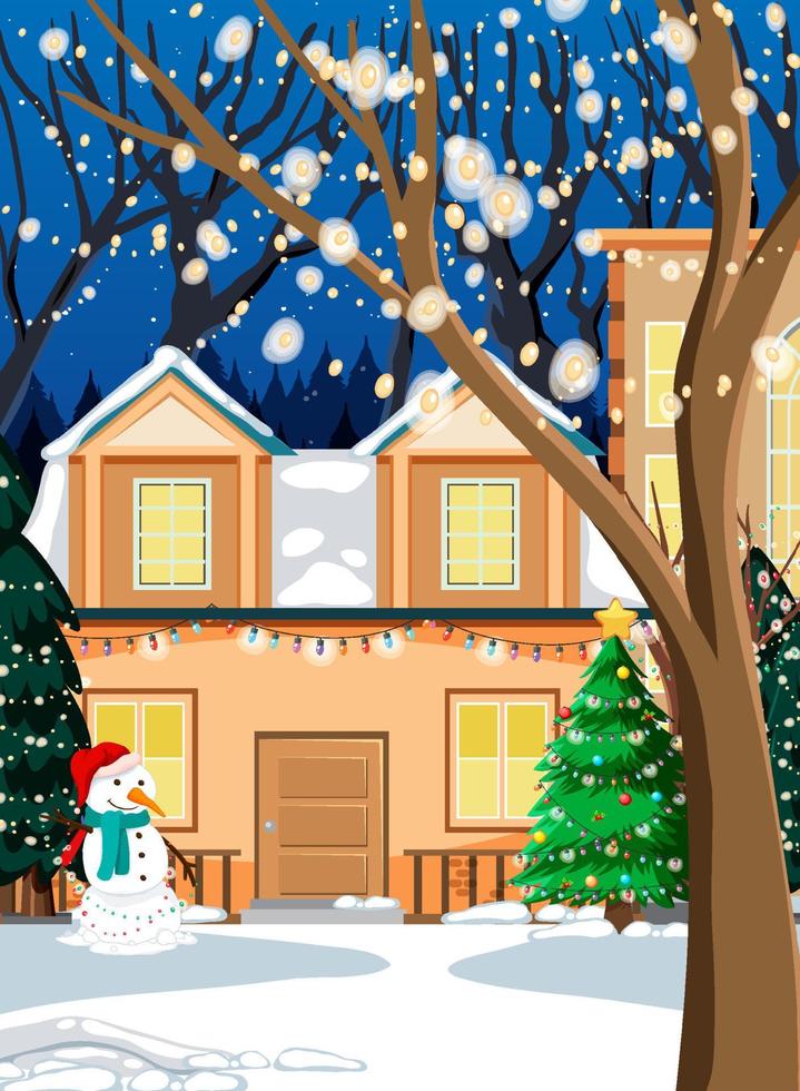 escena de invierno de navidad con casa cubierta de nieve y muñeco de nieve vector