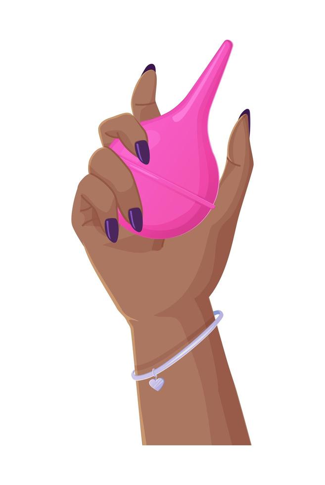 black woman holding pink rubber enema or clyster. Medical cleaning body detox tool. Illustration in cartoon style isolated on white background vector