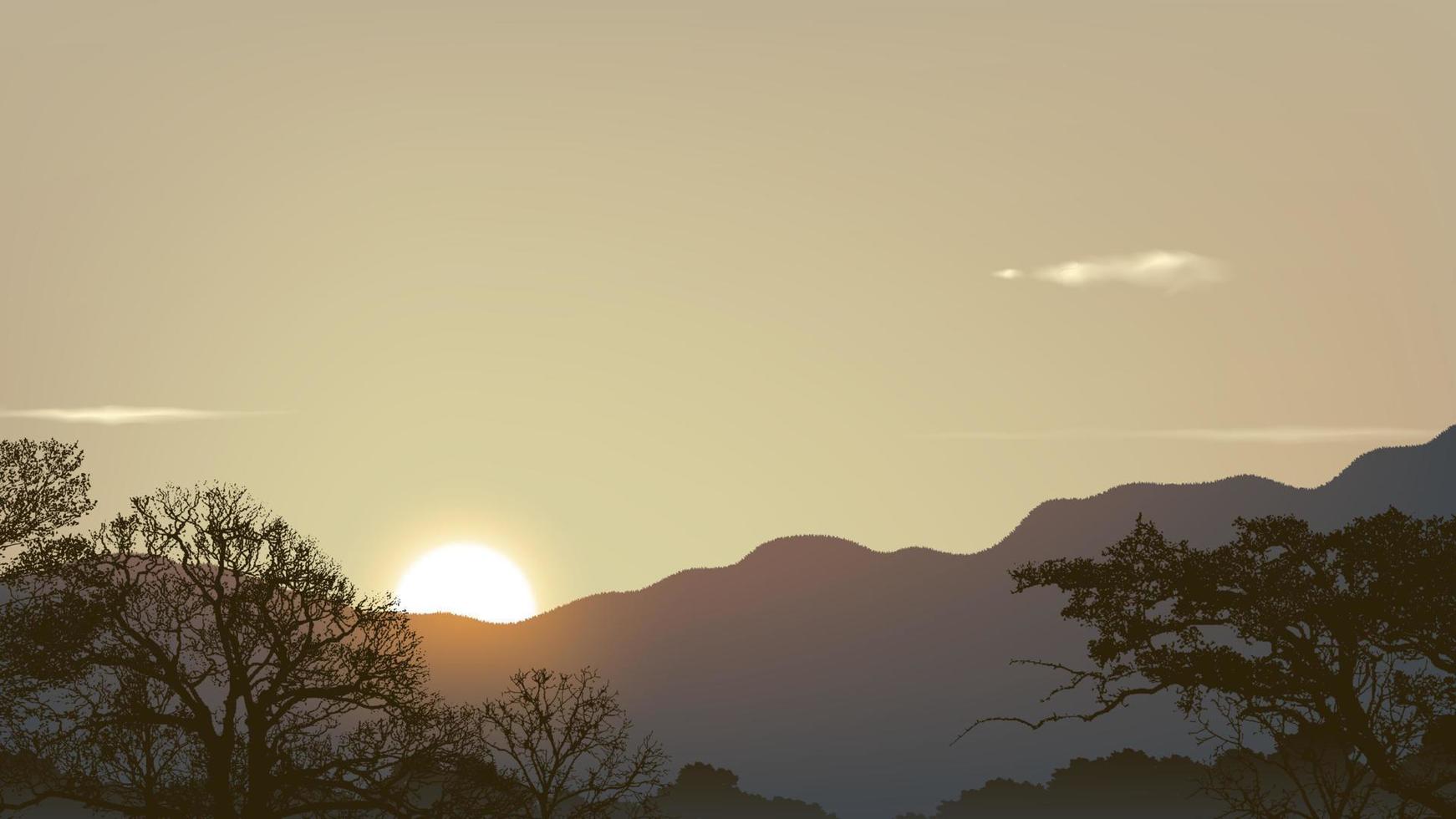 Scenery vector illustration of beautiful mountains and forest with a sunset in silhouette style