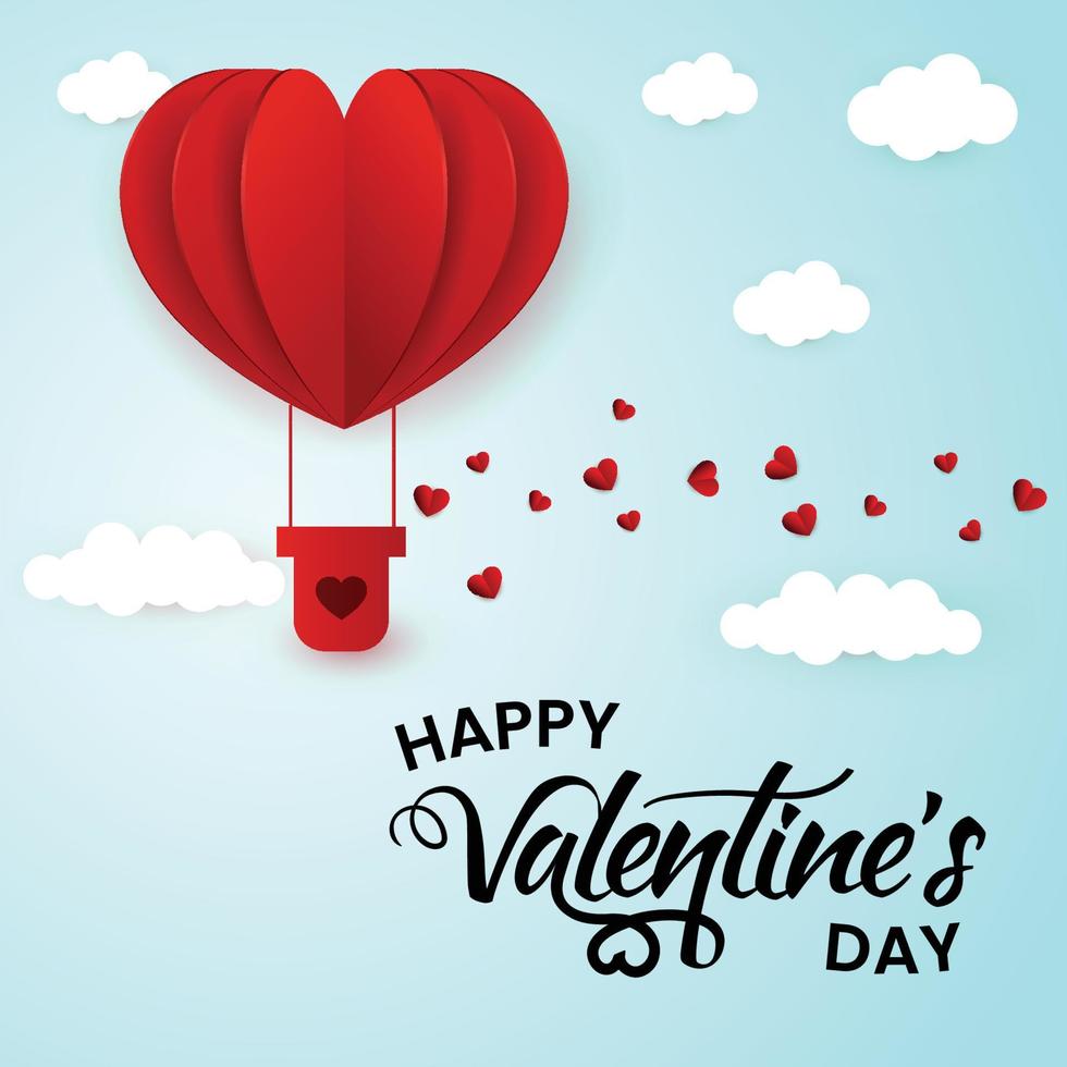 diseño de feliz día de san valentín con corazón rojo cortado en papel en el cielo azul con globos vector