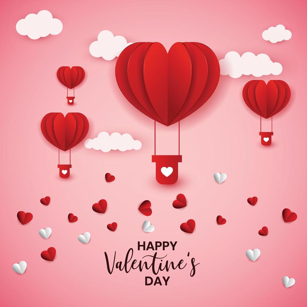 Happy valentines day design with paper cut red heart shape hot air balloons vector