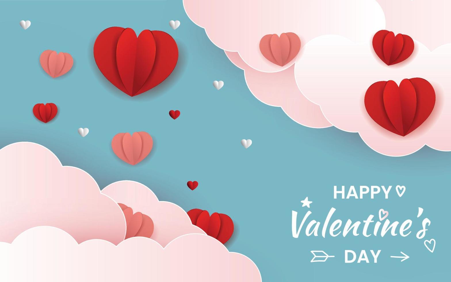 Happy valentines top clouds with hearts celebration background vector