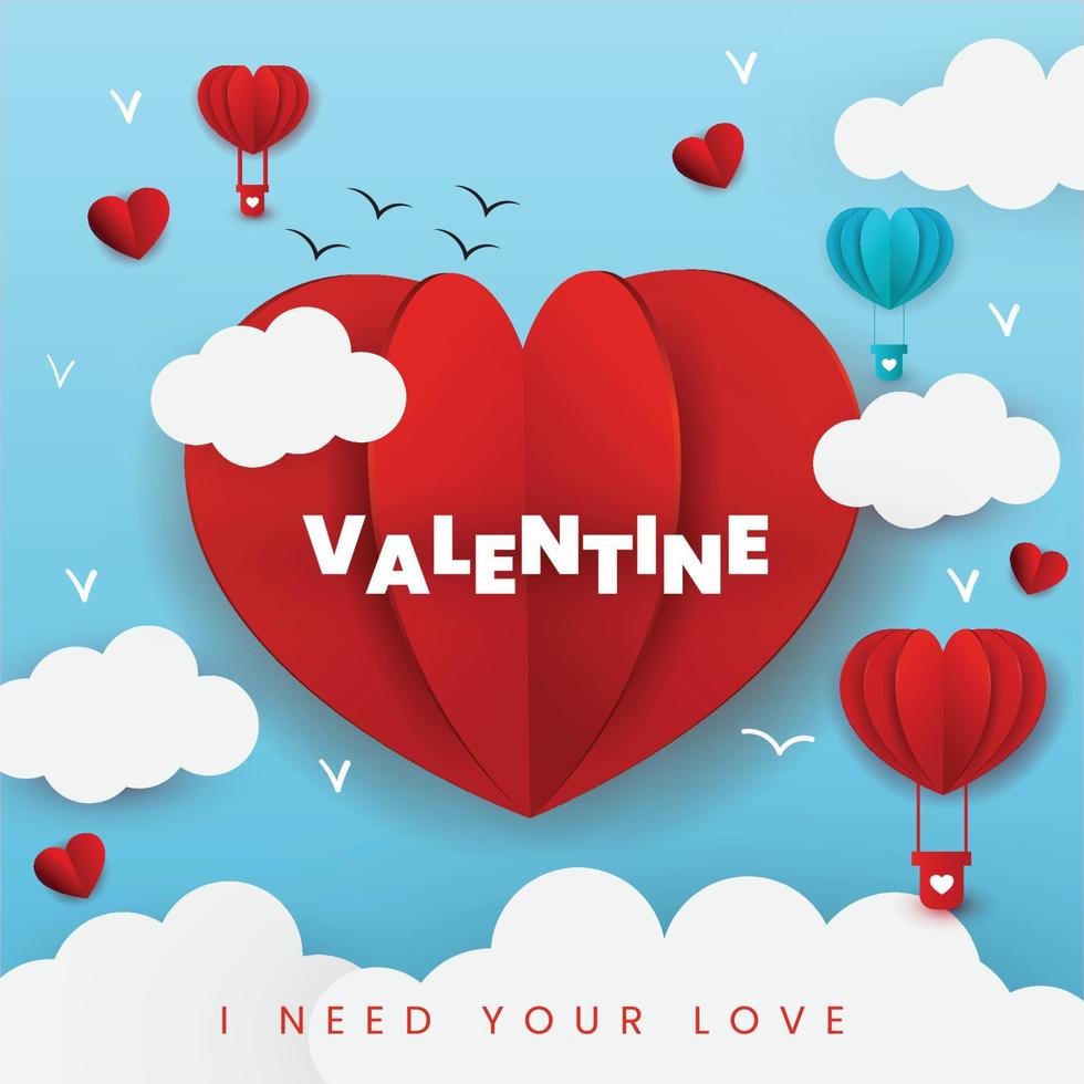 Happy valentines day with paper cut clouds and hot air balloons with colored hearts on blue background vector