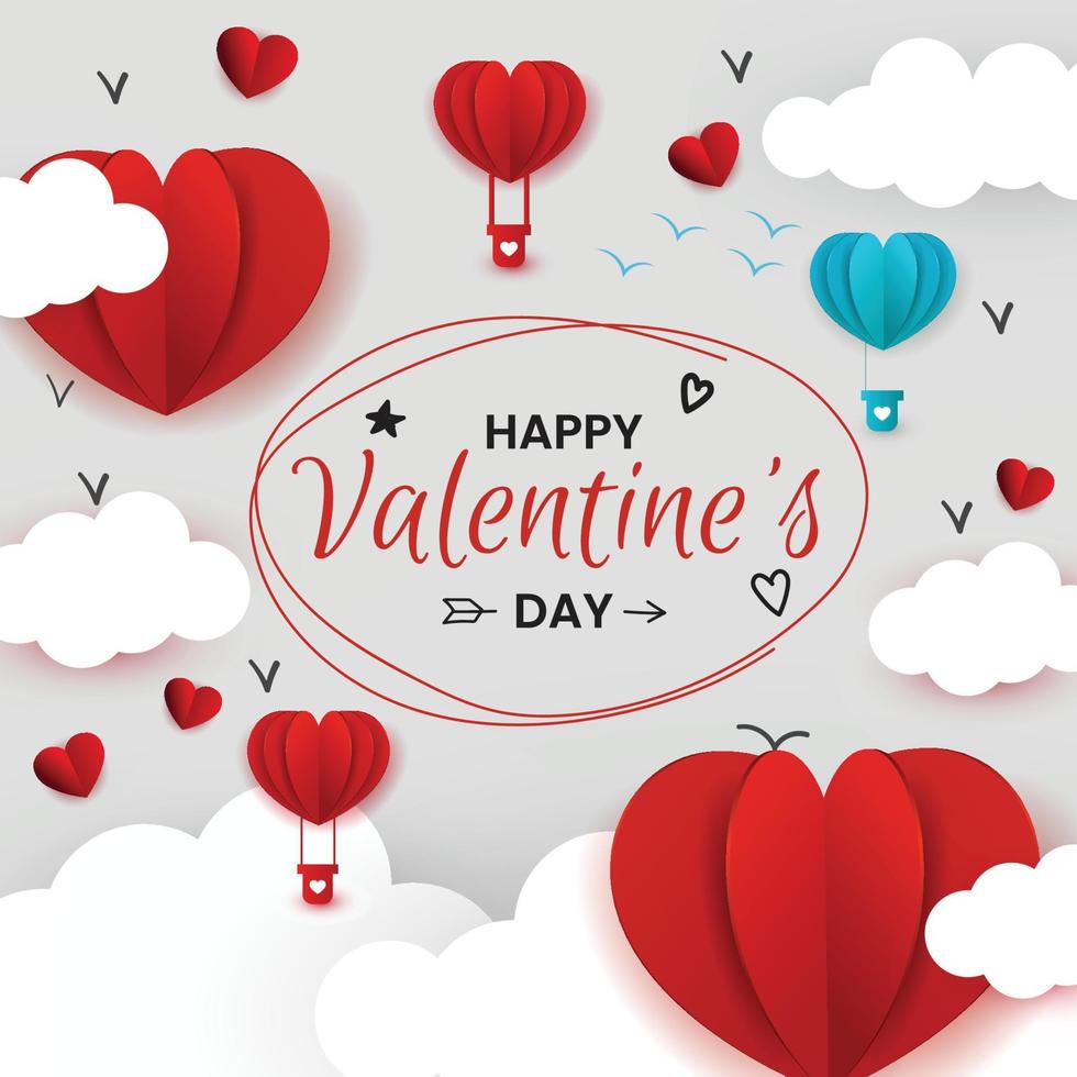 feliz día de san valentín con nubes cortadas en papel y globos aerostáticos con corazones de colores sobre fondo beige vector