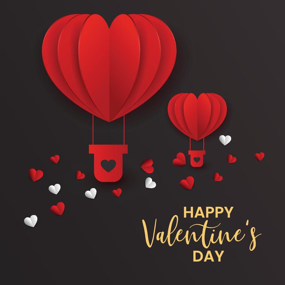 fondo de celebración del día de san valentín con texto dorado y globos cortados en papel vector