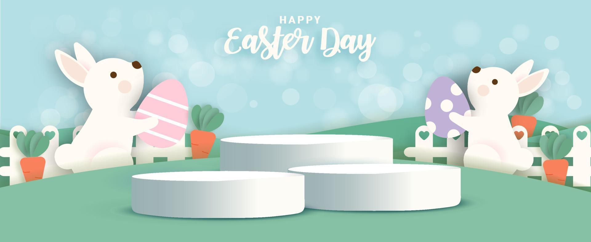 Easter day banner with 3d product podium in papercut style. vector