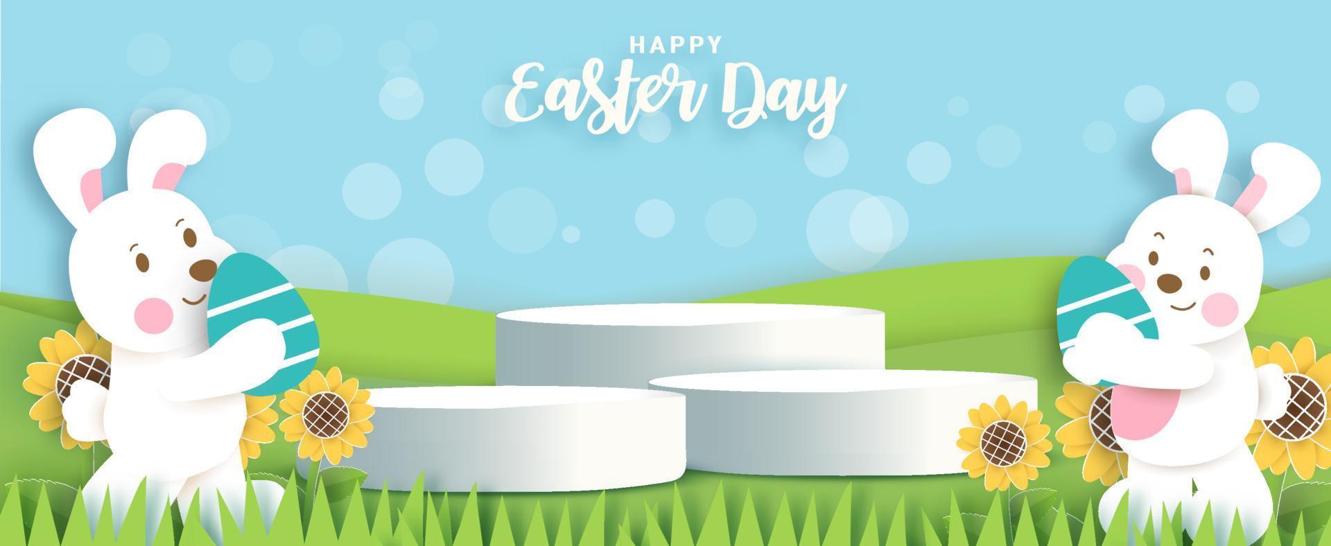 Easter day banner with 3d product podium in papercut style. vector