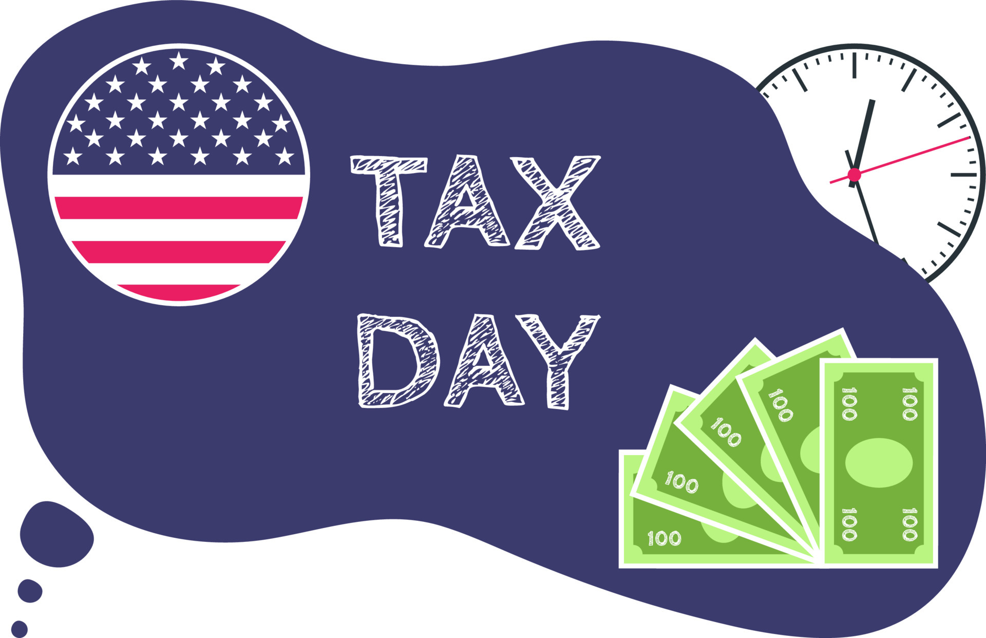 Tax Day in USA, vector illustration with US flag, clock and money