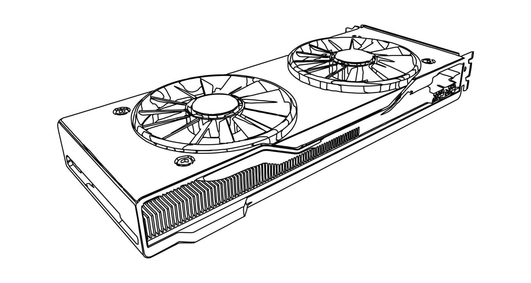 Sketch of a video card in isometric projection, isolated outline vector illustration on a white background. Graphics or display card, graphics or video adapter for gaming, mining, rendering.