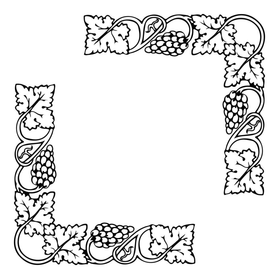 Grape bunches and leaves frame corners, vector design element. Border of grapevine.