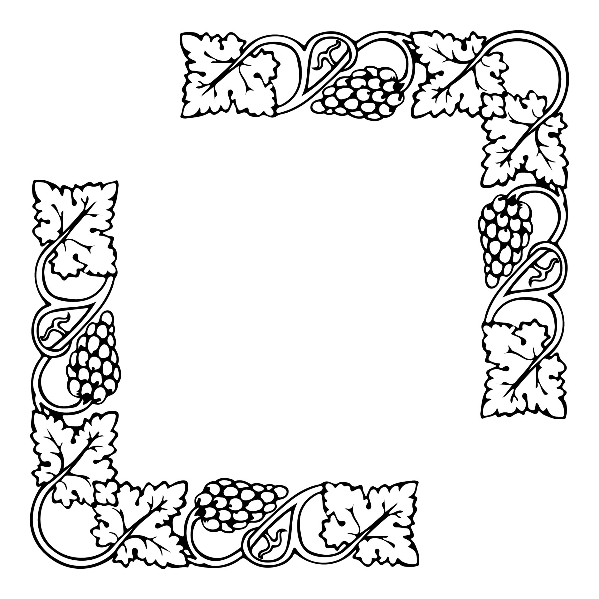 Grape bunches and leaves frame corners, vector design element. Border