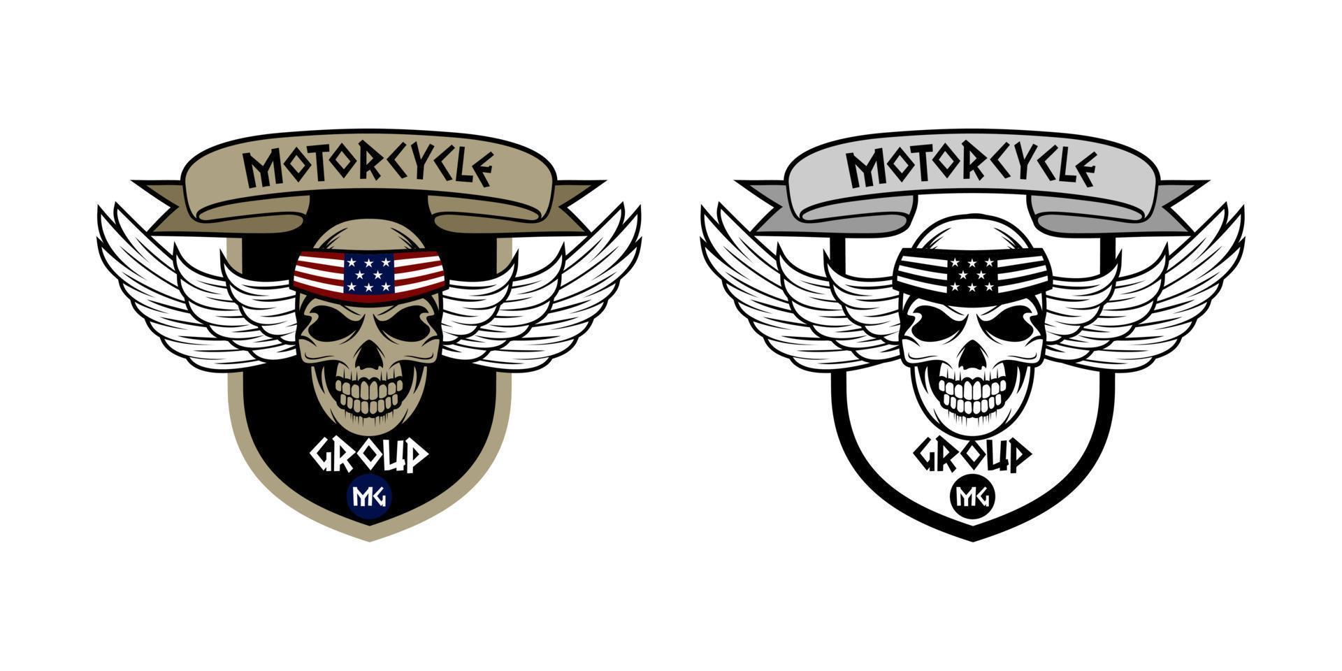 Motorcycle group logo with human skull head design vector