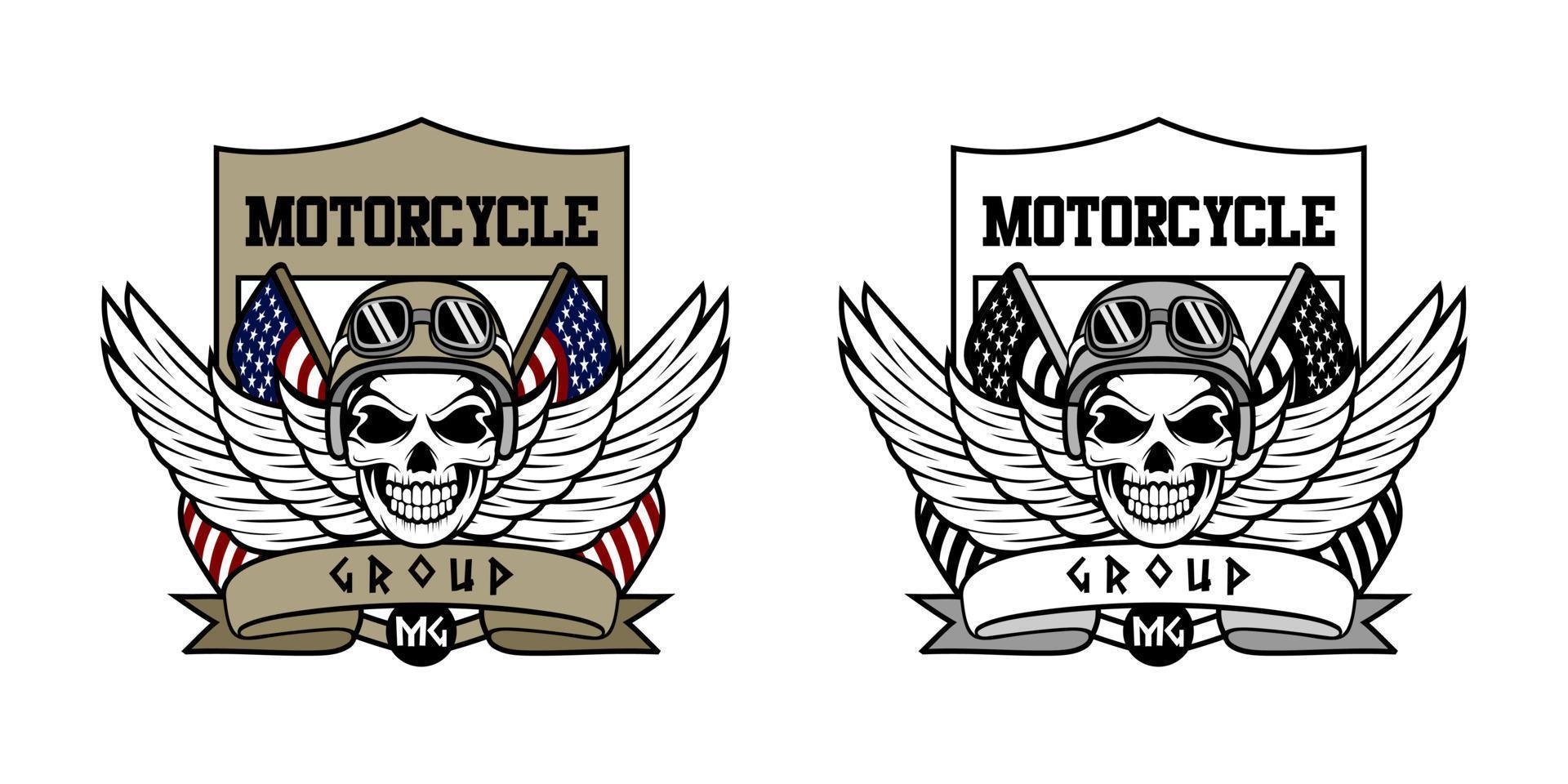 logotipo de grupo de motocicletas con ilustración de diseño de cabeza de cráneo humano vector