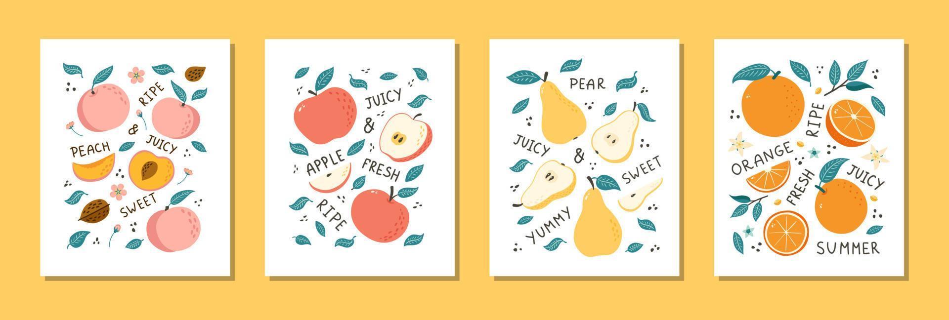 conjunto de bodegones de frutas dibujadas a mano. ilustraciones de frutas estilo garabato para afiches, pancartas, antecedentes, etiquetas de mercado, logotipos, pegatinas, postales, menús, diseño y decoración de paquetes de alimentos vector