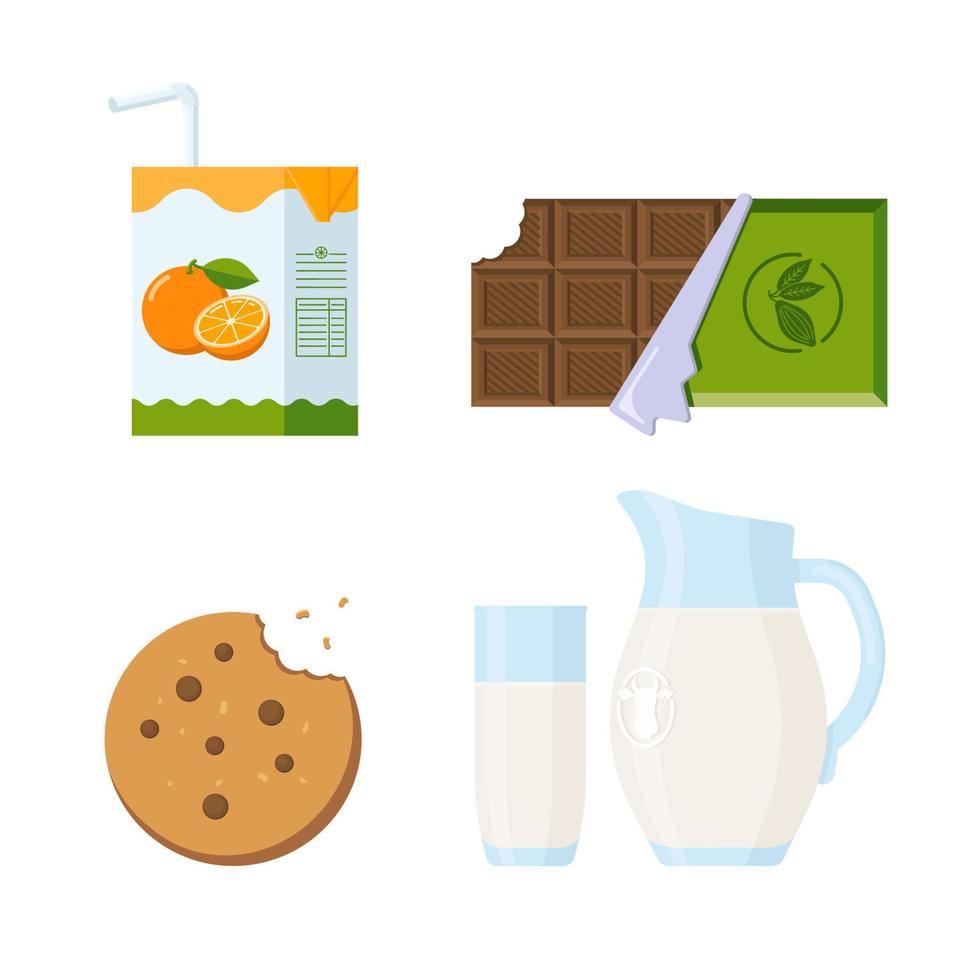 Kids Snacks Set. Collection of flat style meal icons cookie, chocolate and Milk in different package for logo, label, sticker, print, recipe, menu, decor and decoration vector