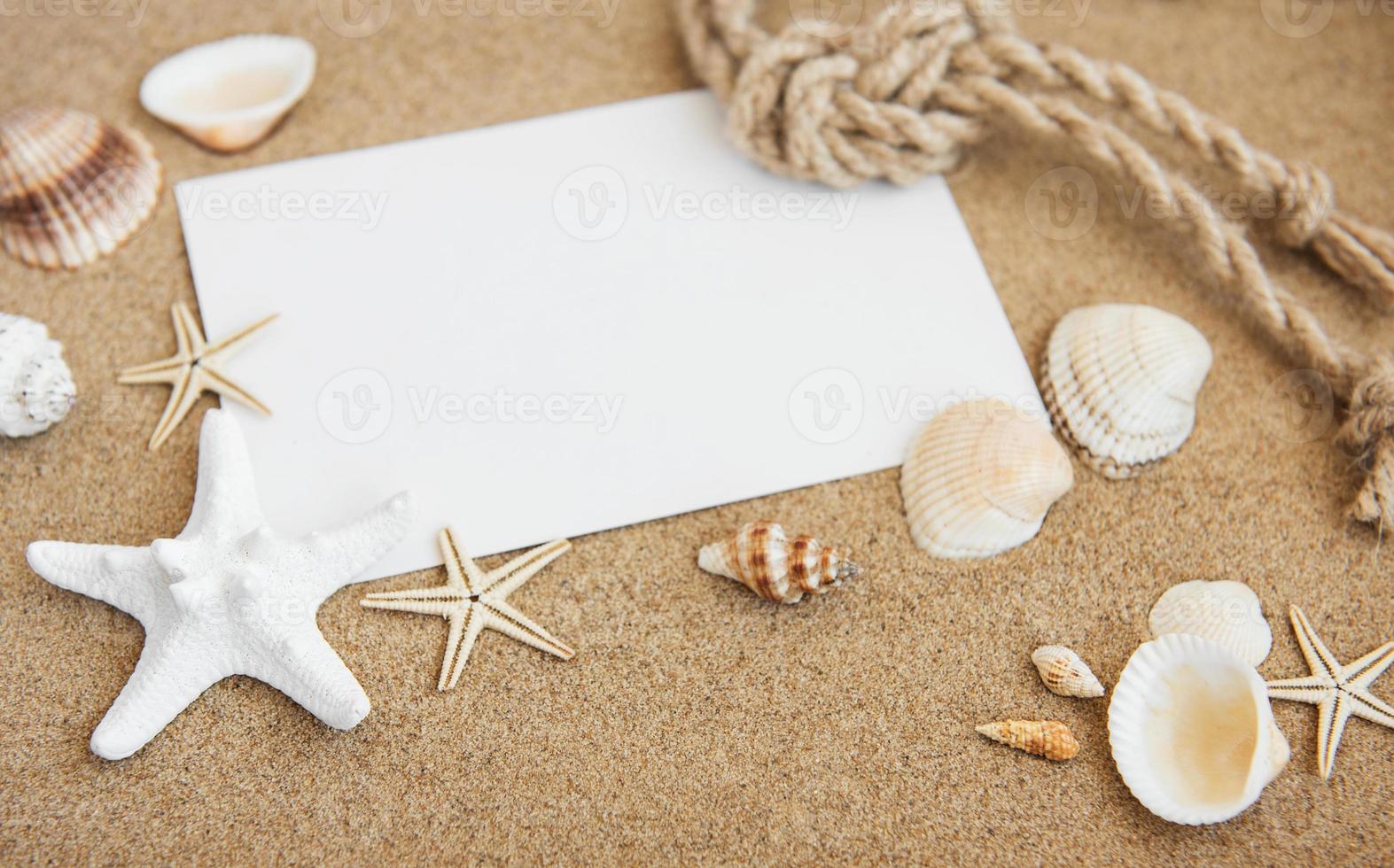 conchas, estrellas de mar y postal en blanco foto