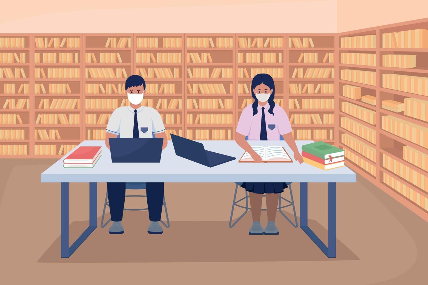 Students in library flat color vector illustration