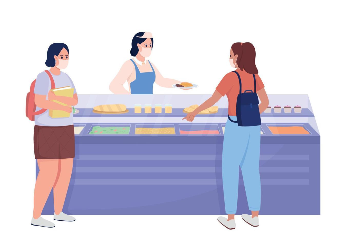 Students buy food in school semi flat color vector characters