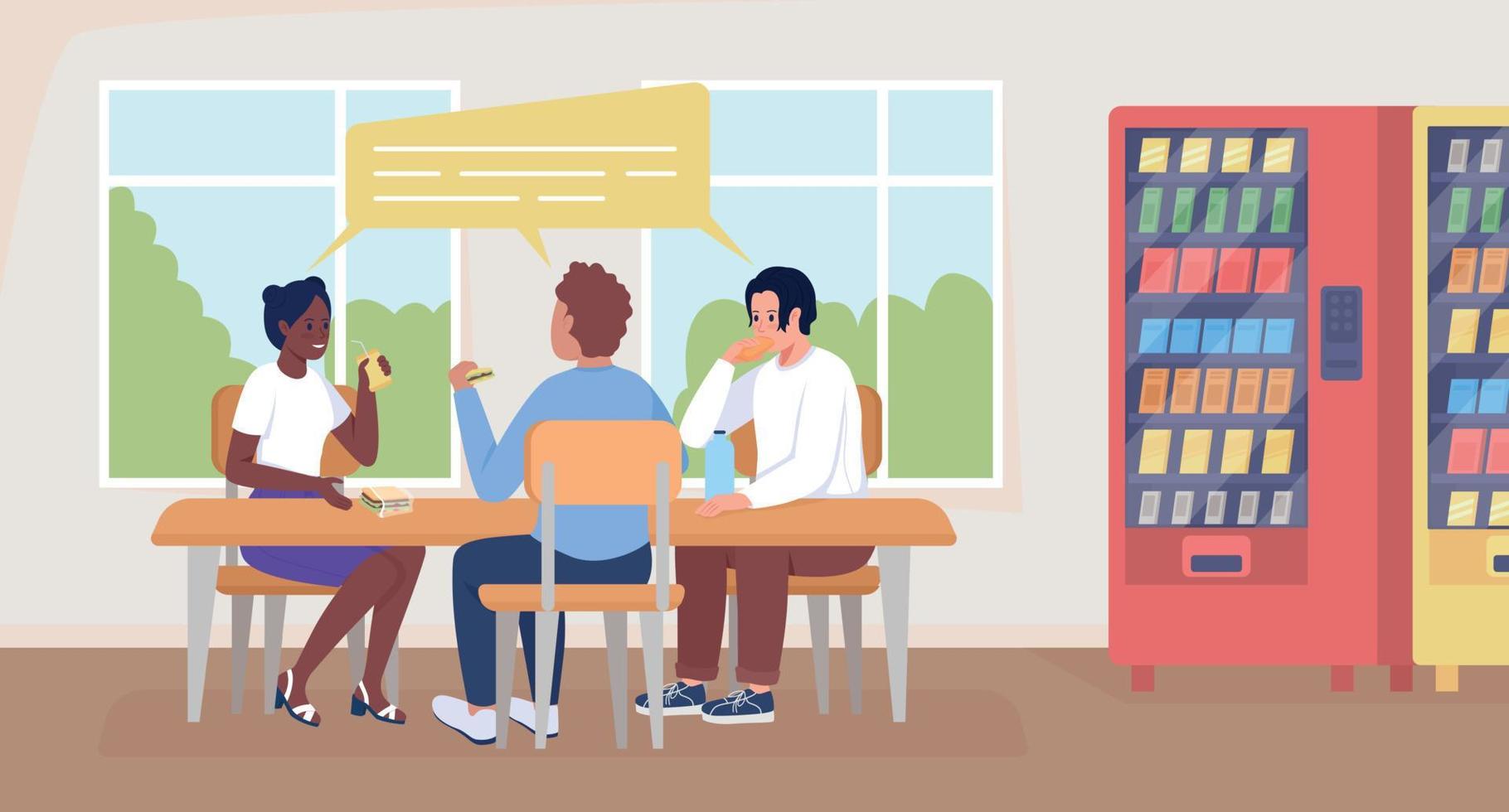 Students on lunch break flat color vector illustration