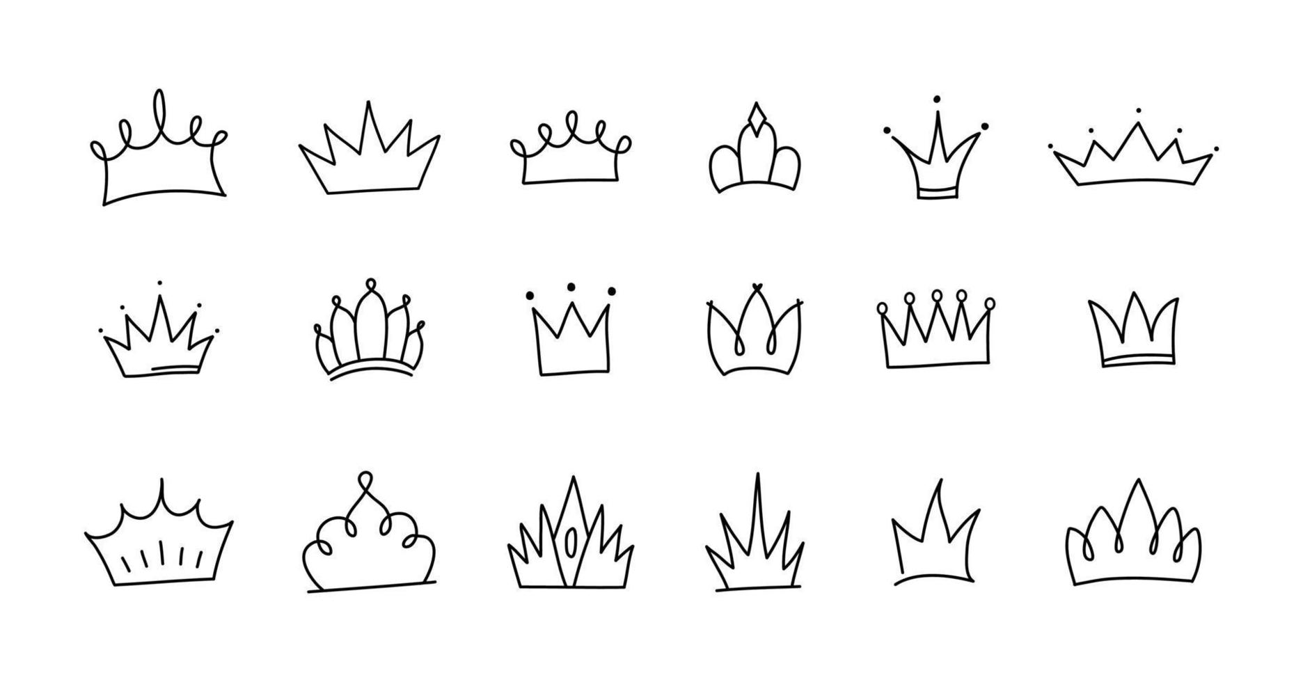 lindo conjunto de garabatos de elementos de la corona de la princesa. ilustración vectorial dibujada a mano. cumpleaños, elementos de boda de año nuevo para tarjetas de felicitación, carteles, decoración de pegatinas. vector