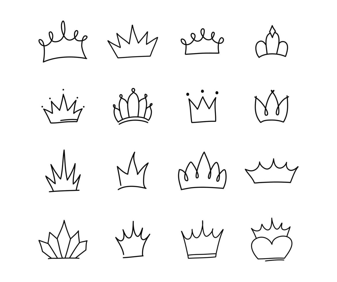 lindo conjunto de garabatos de elementos de la corona de la princesa. ilustración vectorial dibujada a mano. cumpleaños, elementos de boda de año nuevo para tarjetas de felicitación, carteles, decoración de pegatinas. vector