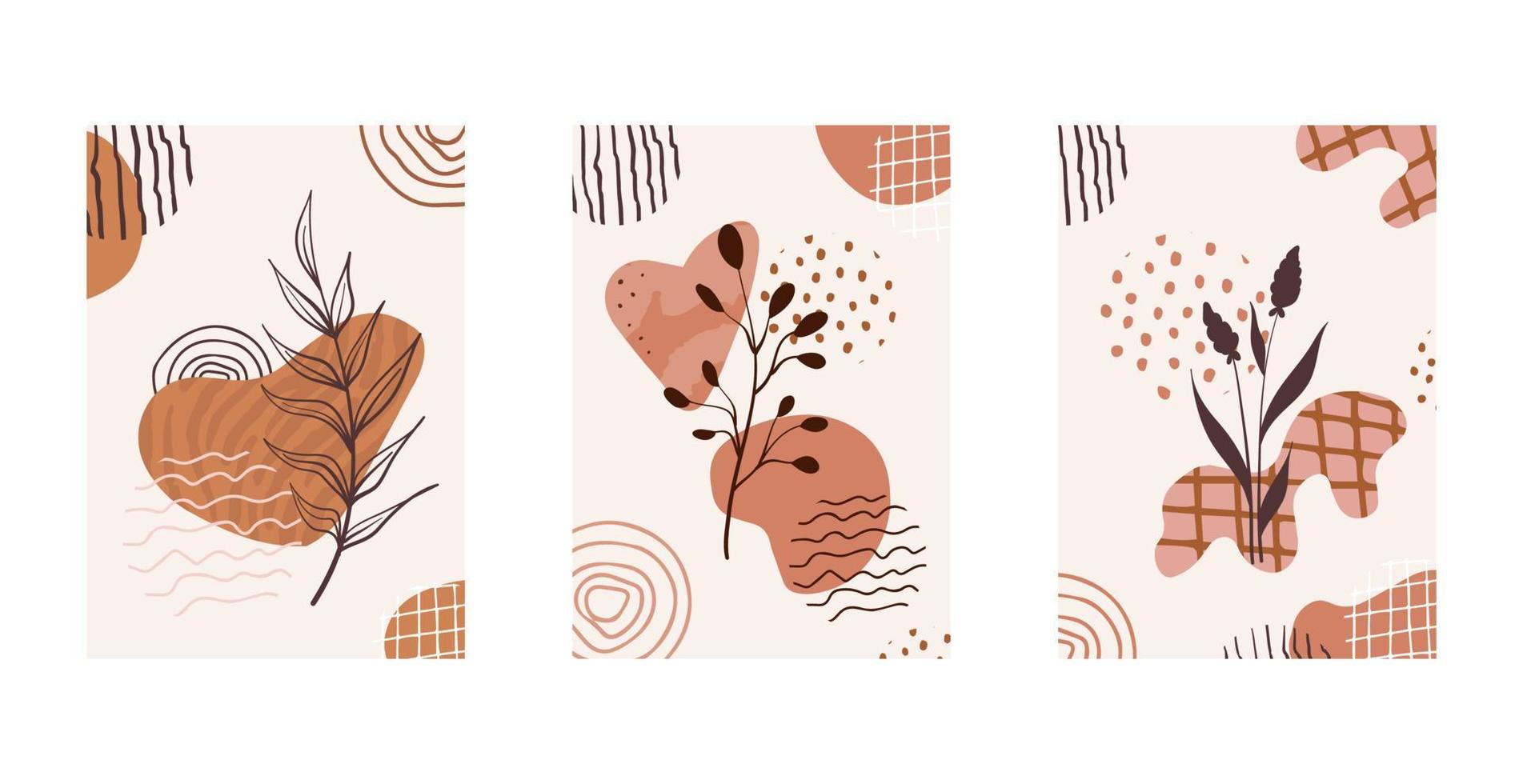 conjunto de composiciones con hojas abstractas y formas, texturas. collage de moda para el diseño en un estilo ecológico. diseño de arte de plantas abstractas para impresión, portada, papel tapiz. vector