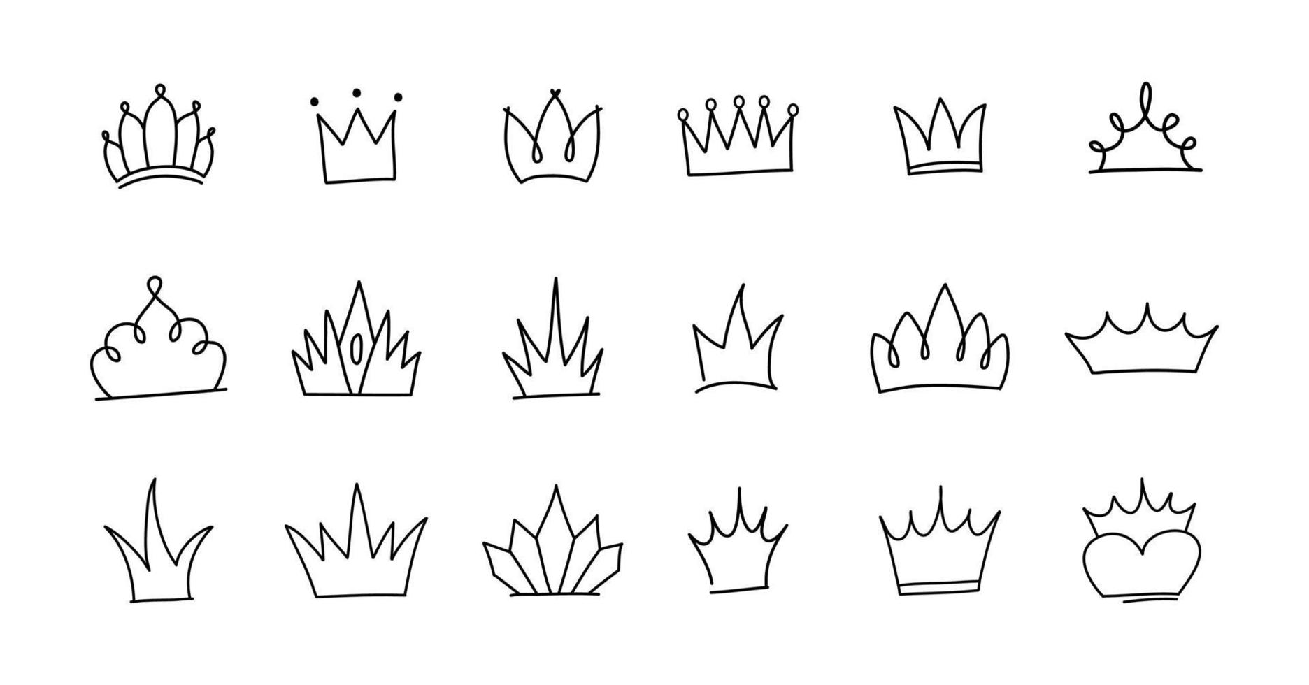 lindo conjunto de garabatos de elementos de la corona de la princesa. ilustración vectorial dibujada a mano. cumpleaños, elementos de boda de año nuevo para tarjetas de felicitación, carteles, decoración de pegatinas. vector