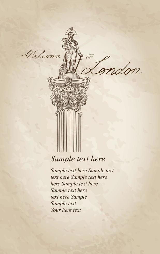 Fondo de viaje vintage de símbolo de Londres con espacio de copia. Almirante Nelson estatua Colunm en Trafalgar Square, Londres, Inglaterra, Reino Unido. vector