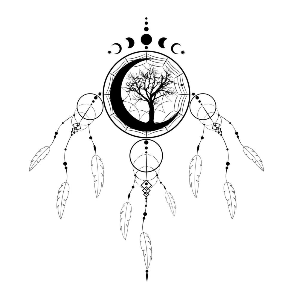 atrapasueños con adorno de mandala, árbol de la vida y fases lunares. luna creciente, símbolo místico negro, arte étnico con diseño boho indio nativo americano, vector aislado en fondo blanco