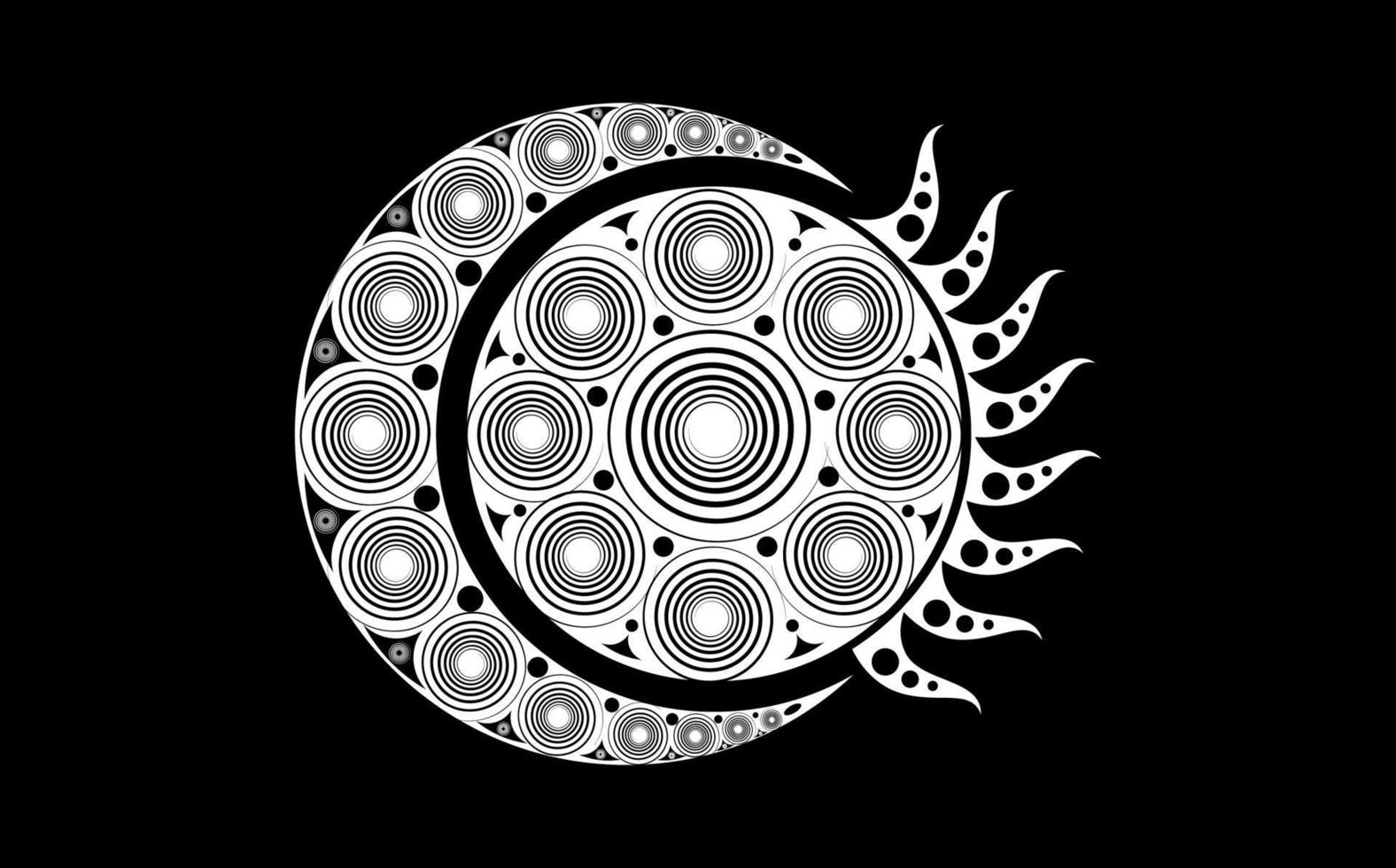 luna celta espiral y sol celta, signos esotéricos y ocultos, patrón de luna creciente, sol radiante esotérico, ilustración vectorial aislada en fondo negro vector