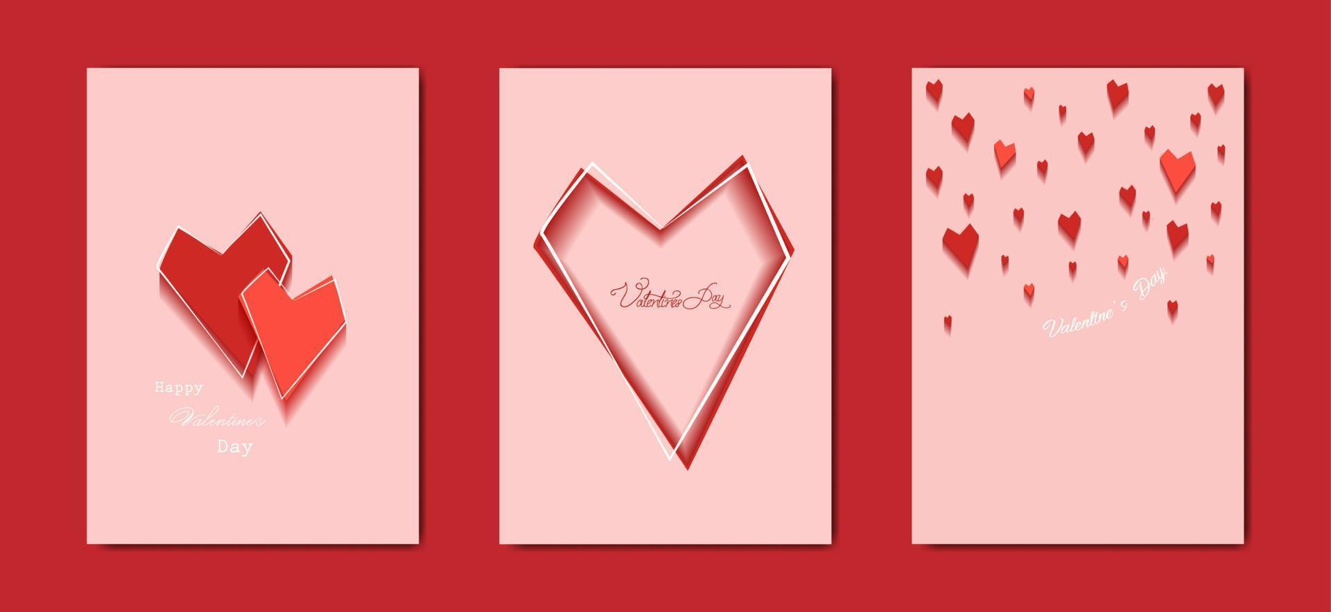 feliz día de san valentín conjunto de vectores tarjeta de felicitación. corazón rojo sobre fondo rosa. Me encanta el cartel de vacaciones con texto, joyas. concepto para banner de san valentín, volante, invitación de fiesta, tienda de regalos de joyería, boda