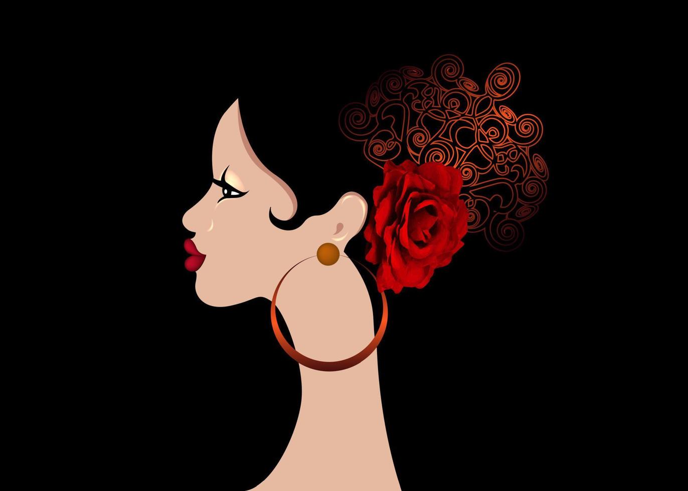 hermoso retrato mujer latina española, peinados para chica flamenca con accesorios folclóricos peineta, flor de rosa roja y aretes, vector aislado en fondo negro