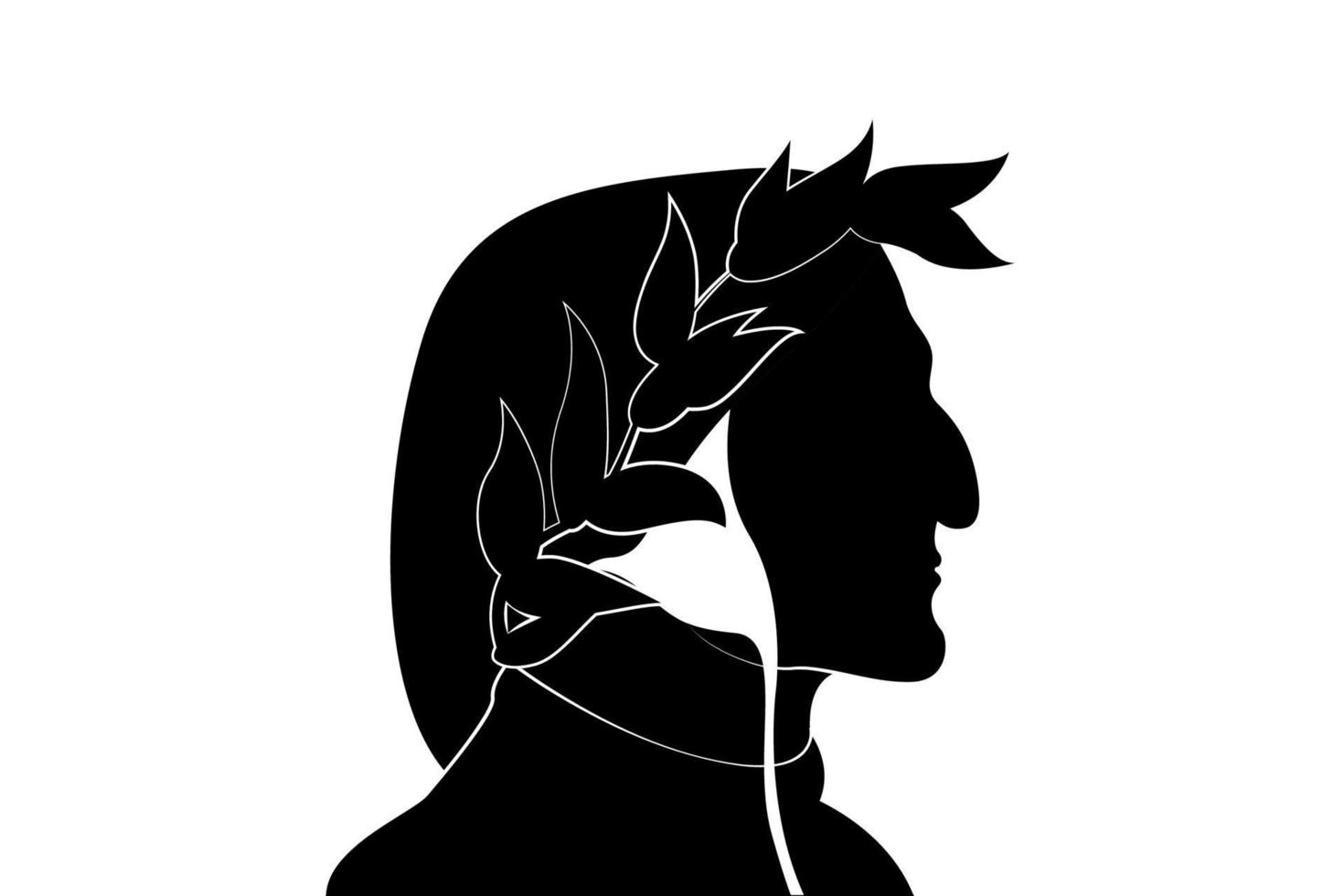 Italian writer poet concept, vector cartoon black silhouette portrait, Renaissance icon, cultural logo design isolated on white background