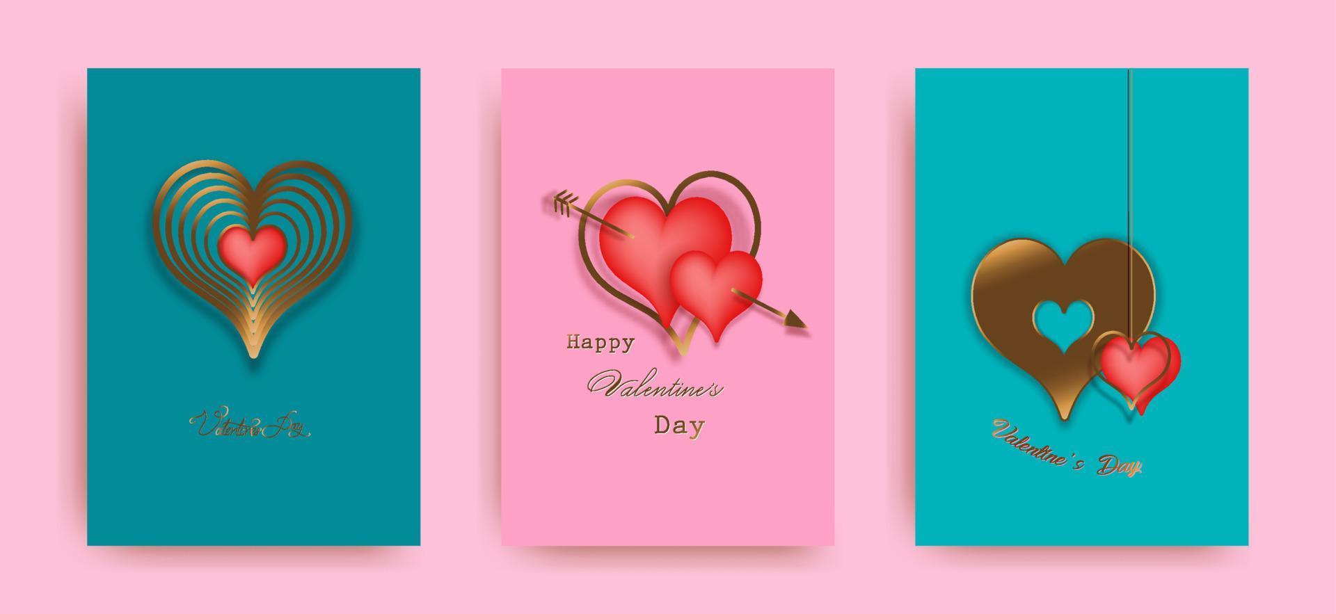 Happy Valentines day vector set greeting card. Gold and red hearts on pink and green background. Golden holiday poster with text, jewels. Concept for Valentines banner, flyer, party invitation, shop