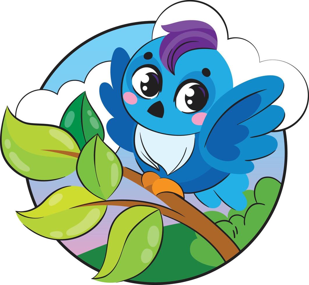 blue little bird sits on a branch in the forest. cute baby illustration vector