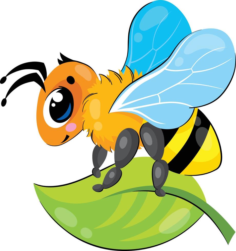 una pequeña abeja linda y esponjosa se sienta en una hoja y sonríe vector