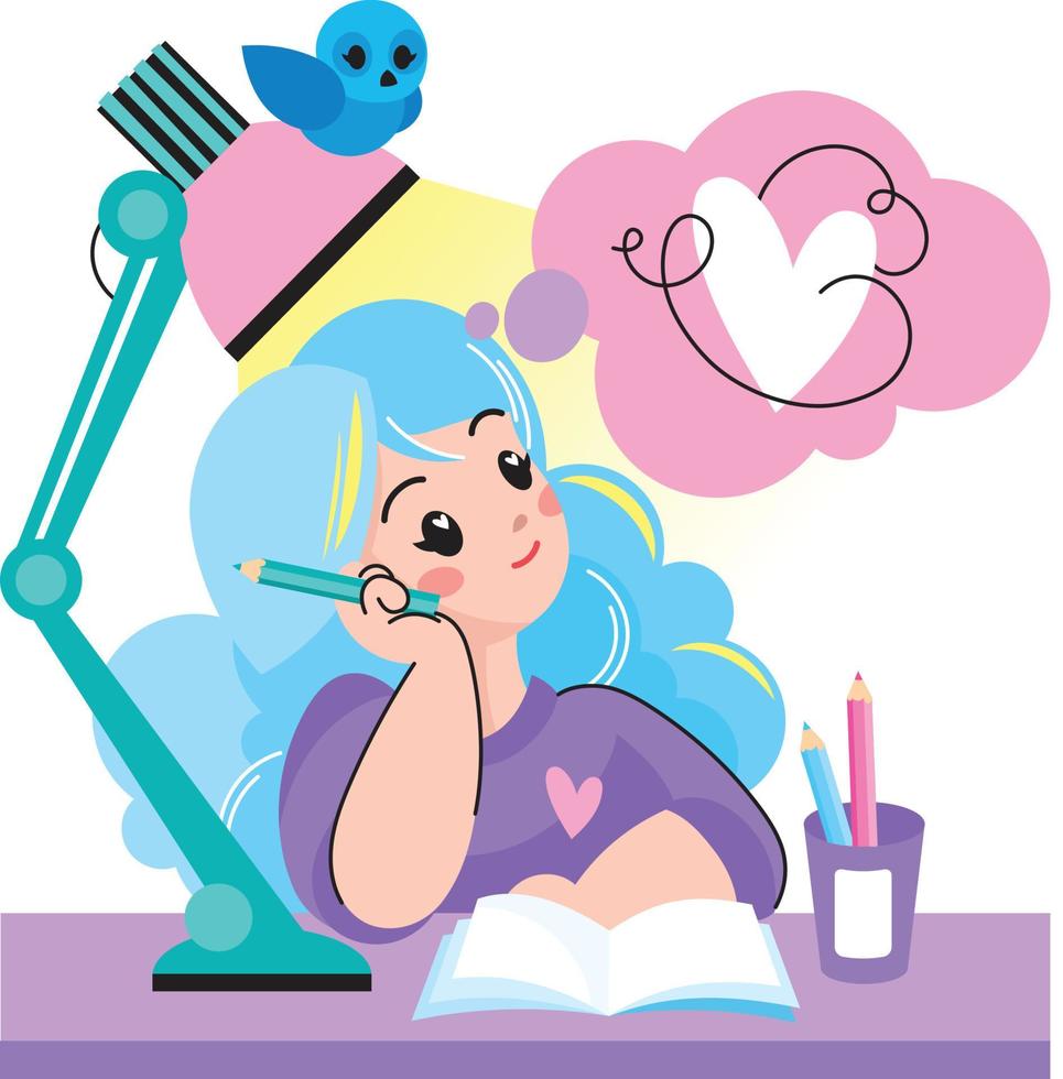 una chica linda se sienta en una mesa y escribe una declaración de amor en un cuaderno o sueños vector