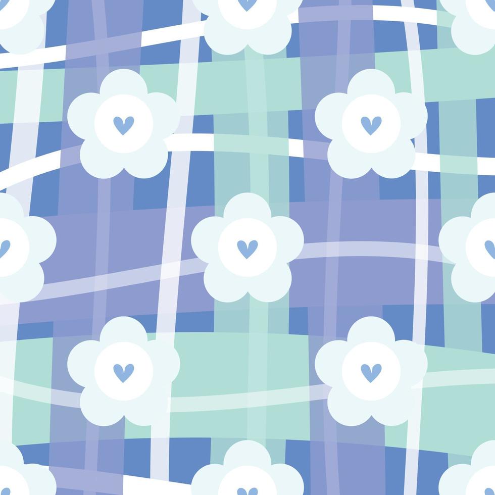 patrón de niños sobre fondo de rayas azules con lindas flores y corazones dibujados a mano vector