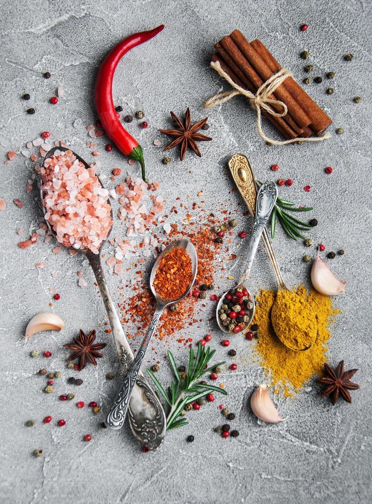 Different kind of spices in vintage spoons photo