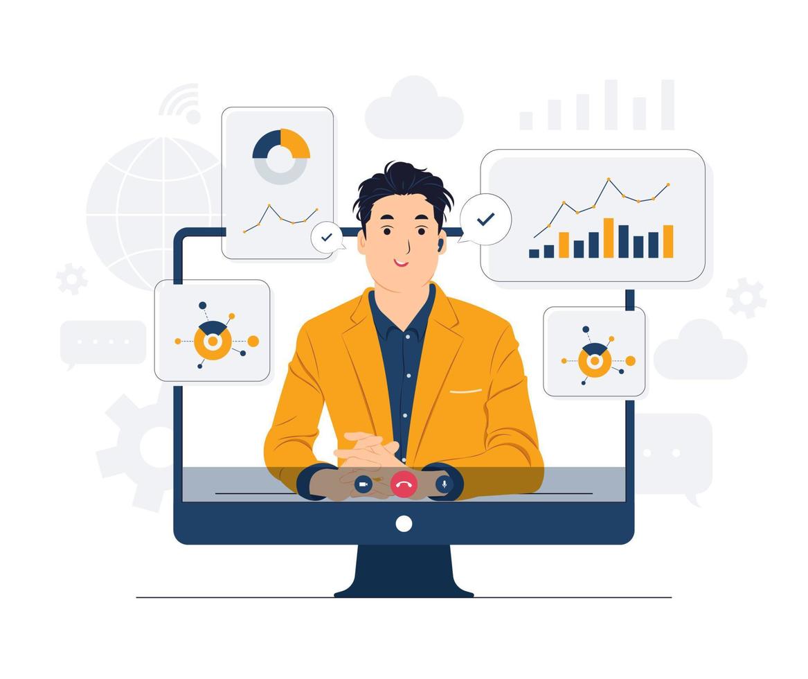 Business video call conference, telecommuting, Webinar, using laptop talk to colleagues, online learning and remote working concept illustration vector
