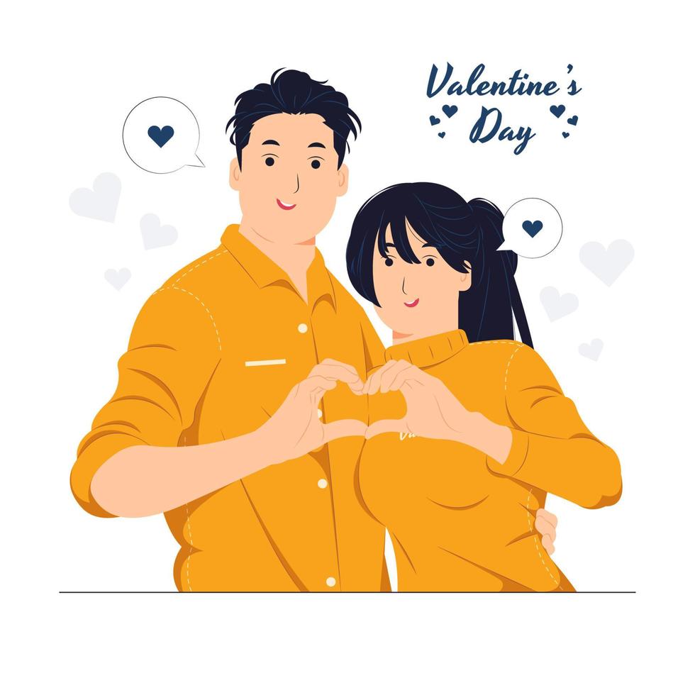 un hombre y una mujer, pareja romántica que muestra el corazón con dos manos, signo de amor, forma de corazón mientras celebra la ilustración del concepto del día de san valentín vector