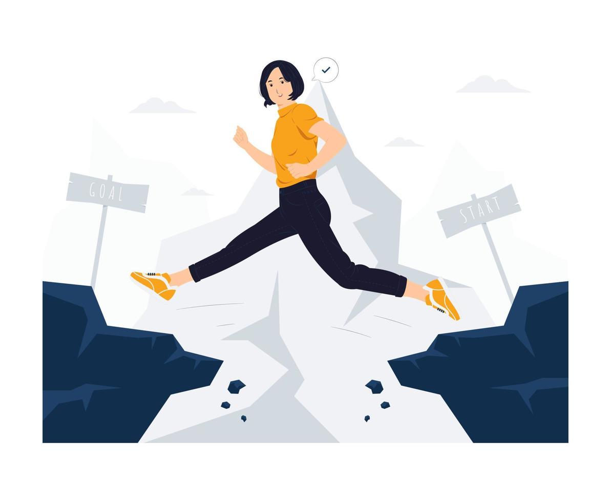 mujer de negocios salta a través de la brecha entre la colina saltando sobre el acantilado para cruzar obstáculos hacia el éxito, superar el desafío, ilustración del concepto de motivación profesional vector