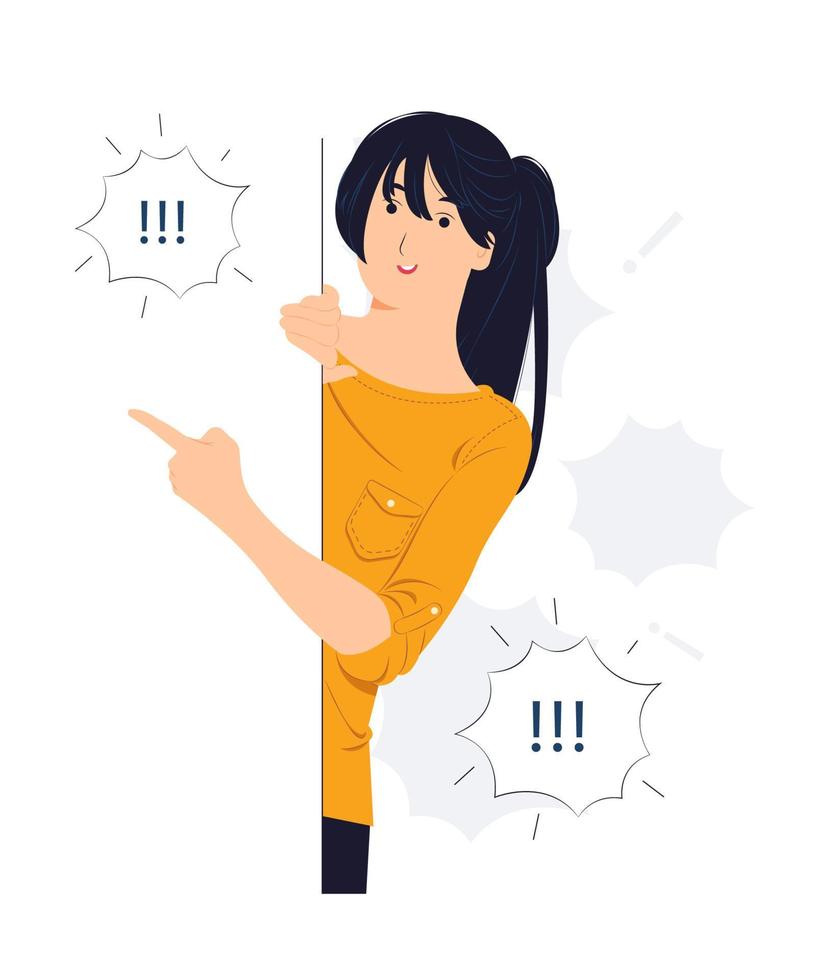 Woman pointing finger on wall while startled, shocked, Surprised, speaking, listening, hearing, whispering, and Pay attention concept illustration vector