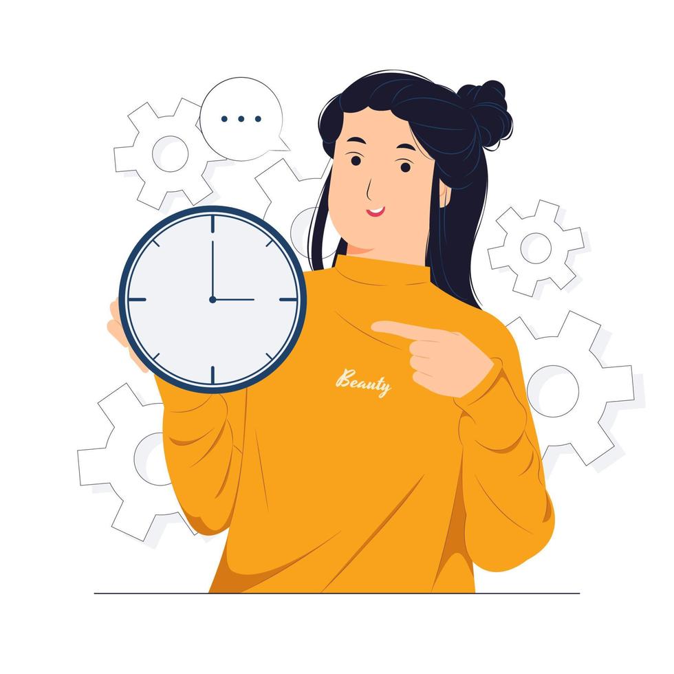 woman holding and Pointing index finger on clock concept illustration vector