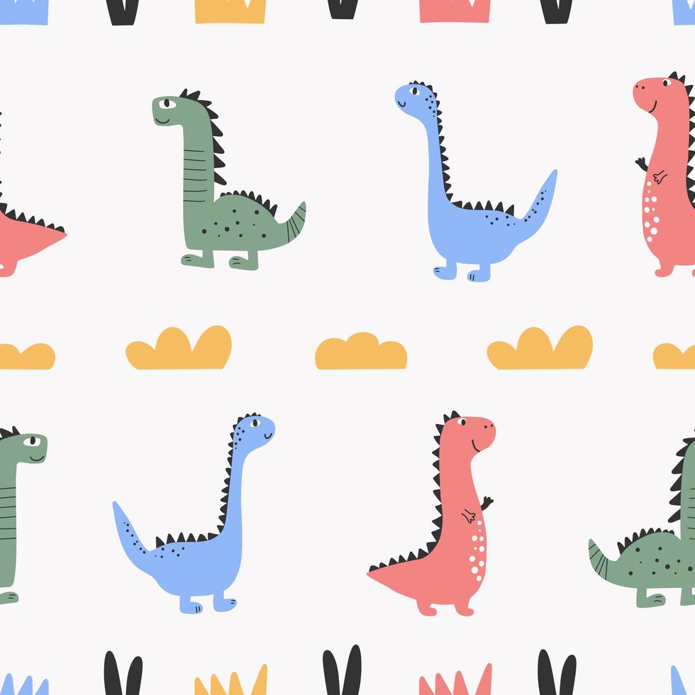 Dinosaurs Vector seamless pattern. Children's digital print in a funny cartoon style.