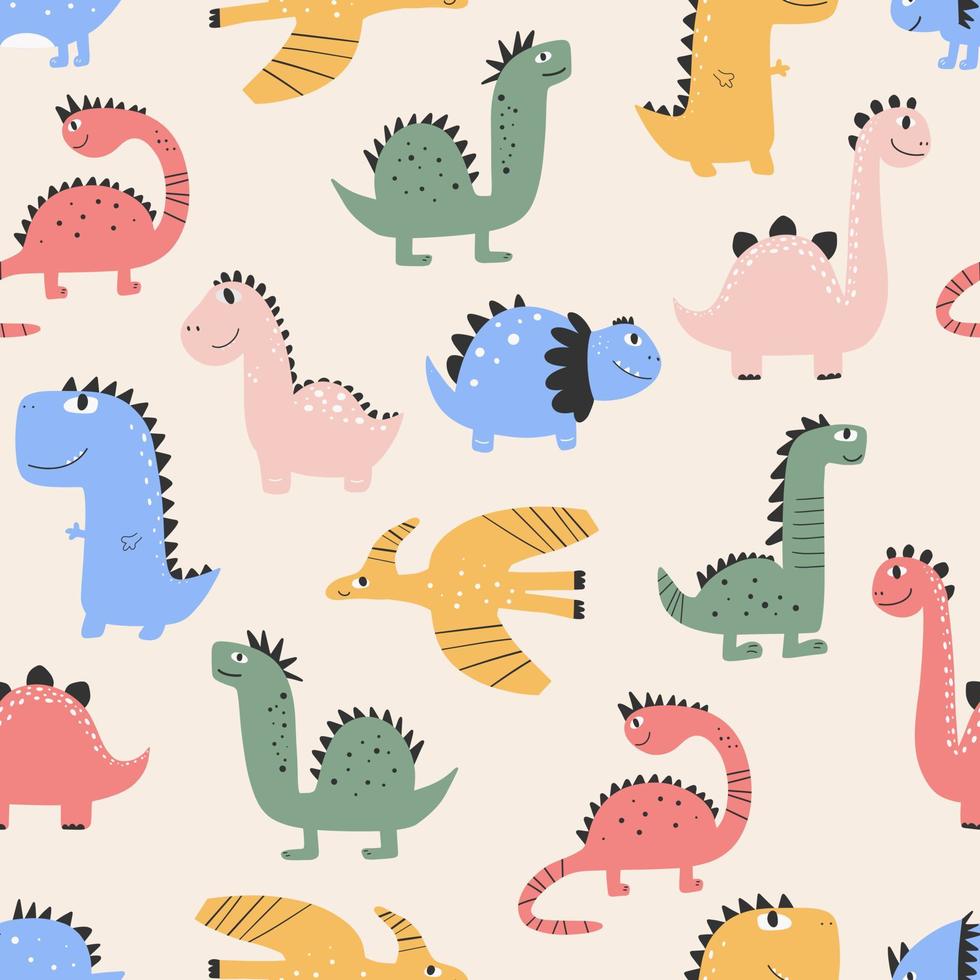 Dinosaurs Vector seamless pattern. Children's digital print in a funny cartoon style.