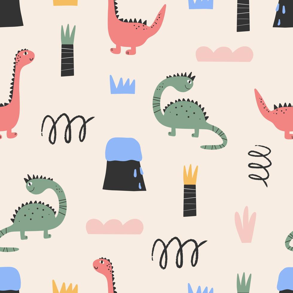 Dinosaurs Vector seamless pattern. Children's digital print in a funny cartoon style.