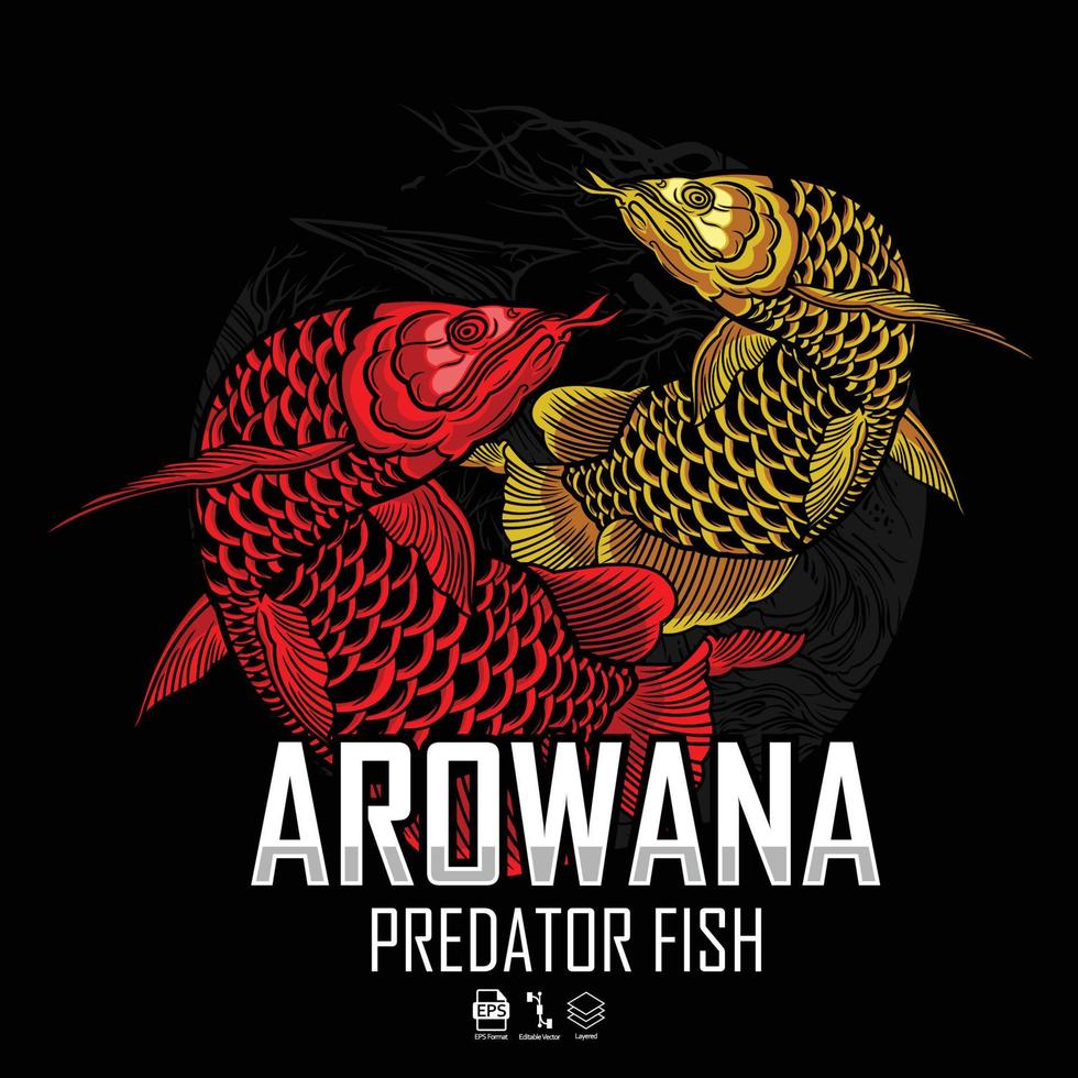 ilustración de peces depredadores de arowana, con un fondo negro.eps vector